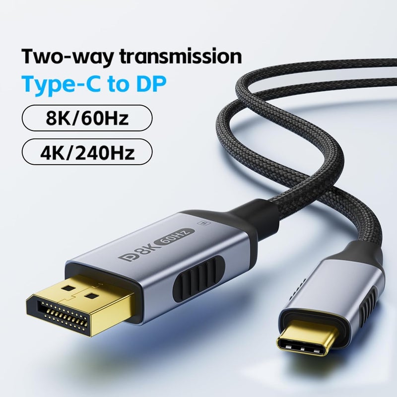 DiamondTiger كابل USB-C ثنائي الاتجاه إلى DisplayPort 1.4 8K@60Hz 4K@240Hz، 3.3 قدم/1 متر DP إلى USB C Thunderbolt 4، غلاف من الألمنيوم مع حبل نايلون، متوافق مع iPhone 16 Pro Max، MacBook Pro/Air، iPad (3.3 قدم/1 متر) - Image 3